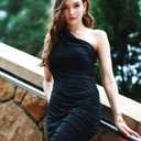 AmlieBoutik Women Sexy One Shoulder Sleeveless Bodycon Ruched Party Wedding Cocktail Dress (Black, L)