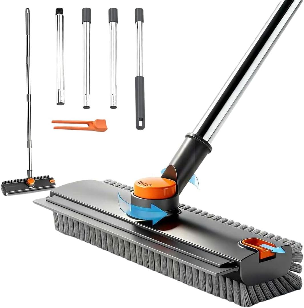 3 in 1 Floor Scrub Brush,Floor Scrubber with Squeegee and Tweezer, Push Broom with Long Handle,Heavy-Duty Stiff 90 Bristle Broom for Patio,Shower, Garage,Deck,Tile, Concrete & Wood Surface