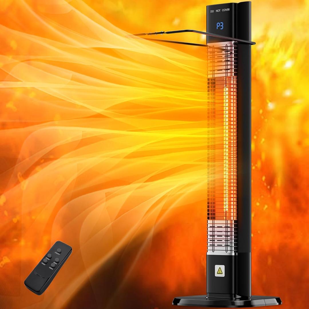 1500W Outdoor Heater,Patio Heater with Remote, 3 Heat Levels, 24H Timer, Carbon Fiber Heating Tube, Tip-Over & Overheat Protection, Electric Space Heaters for Indoor,Outdoor,Garage,Backyard