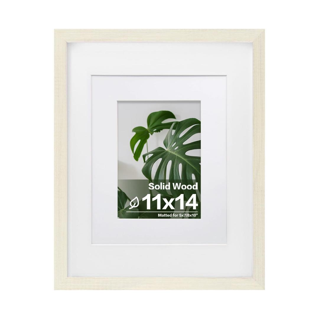 Egofine 11x14 Picture Frame Made of Solid Wood with Plexiglass, Display Pictures 5x7/8x10 with Mat or 11x14 Without Mat for Tabletop and Wall Mounting, Beige