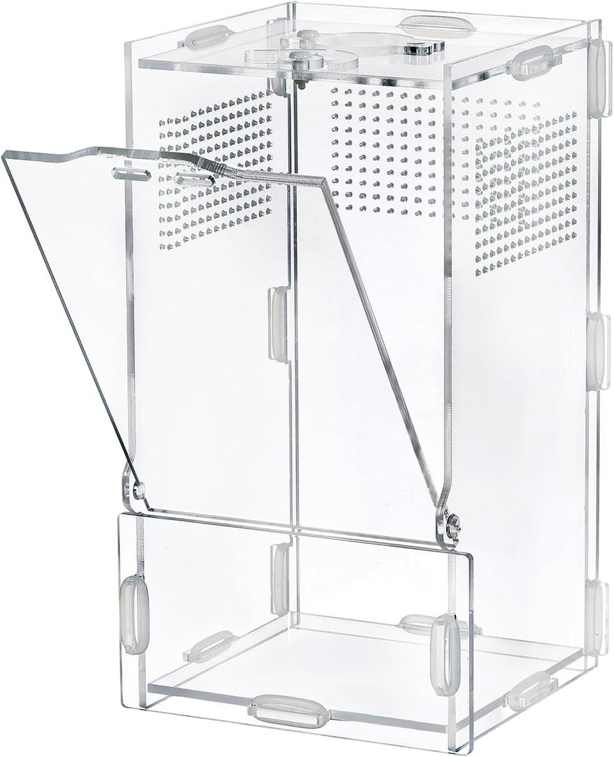 VERTUPET Jumping Spider Enclosure, 4''x4''x8'' Acrylic Arboreal Reptile Tank, Habitat Transparent Enclosure Breeding Box with Locking Vivarium Latch for Frog, Crickets, Snails