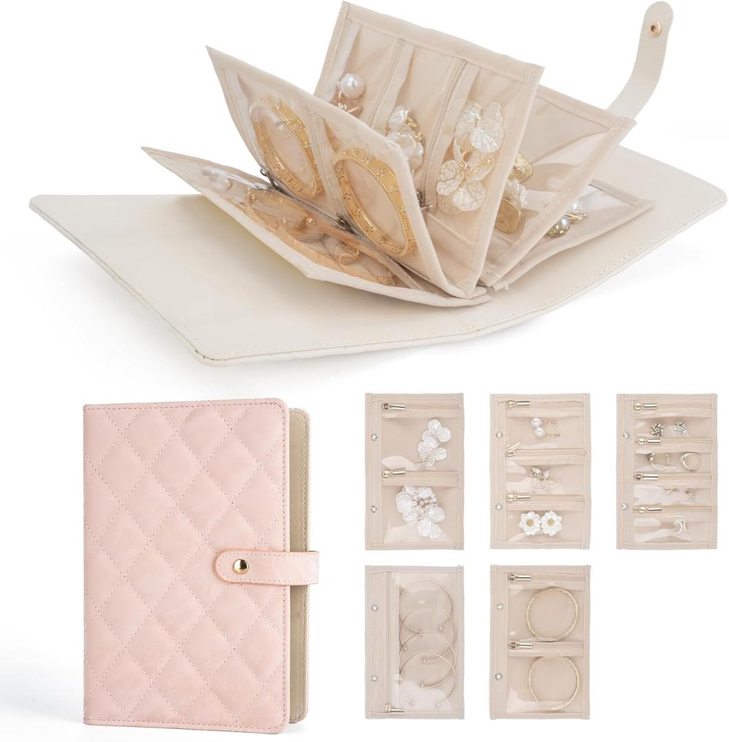 Travel Jewelry Case, Teacher Gifts for Women, Jewlery Organizer Storage Book Binder with Zipper Velvet Pouch Travel Essentials Gift for Women Girls Wife Mom, Pink