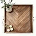 24.5x24.5 Inch Large Square Wooden Ottoman Tray, Handcrafted Herringbone Serving Tray with Leather Handles, Rustic Raised Edge Decorative Storage Tray for Coffee Table, Living Room Bedroom Home Decor