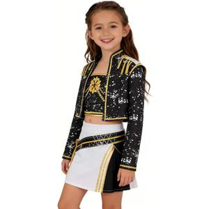 Girls' Costume Set, K-pop Black Gold Stage Outfit Set Performance Accessories, 120 Size