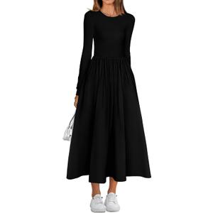 BTFBM Casual Long Sleeve Dresses Spring Dresses 2025 Wedding Guest Dress Midi Dress Flowy Bohemian Long Dress (Black, M)