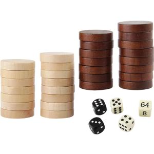 Amerous Wooden Checkers Pieces Nature Wood Backgammon Pieces with Drawstring Bag, 5 Dices Included