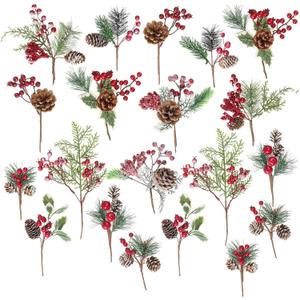 Crafare 20 Pack Artificial Christmas Tree Picks Assorted Red Berry Pine Picks Spray with Pinecones Apples Holly Leaves Winter Holiday Season Dco (20pcs 5-11inches)