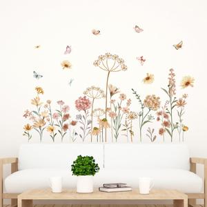 Boho Flower Wall Stickers - Wildflower Floral Dandelion Grass Plants Wall Decals - Baby Nursery Girls Bedroom Kids Room Living Room Wall Decor