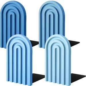 Harloon 4 Pcs Boho Arch Wooden Bookends, Decorative Rainbow Book Stoppers with Non-Slip Metal Base, 5x3x4 Inches, Cute Shelf Decor for Heavy Books, Home Office Study Desk Organizer(Denim Blue Color)