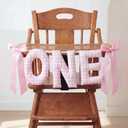 Suncalla Pre-strung Fabric Happy Birthday Banner Felt One High Chair Banner 1st First Birthday Bunting Garland Decorations for Party Photo Home Backdrop(Bow One,Pink,White)