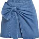 Floerns Women's Plus Size High Waist Denim Skirt Wrap Front Bow Bodycon Mini Skirt (Large, Blue)