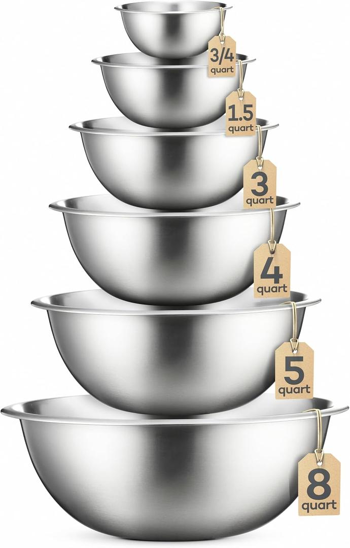 FineDine Stainless Steel Mixing Bowls Set for Kitchen, Dishwasher Safe Nesting Bowls for Cooking, Baking, Meal Prepping (6 Pack)