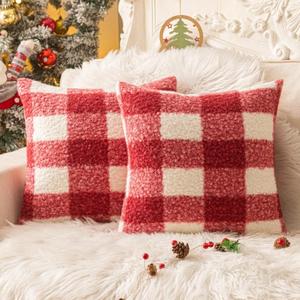 AQOTHES Red White Plaid Christmas Throw Pillow Covers 18x18 Inch Set of 2, Boucle Decorative Pillow Covers,Cozy Fluffy Home Living Room Farmhouse Decor for Sofa Couch Bed