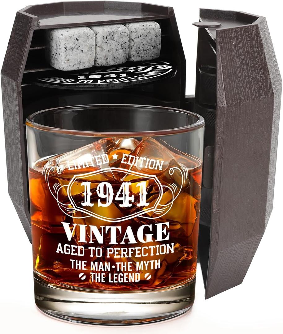 85th Birthday Gifts for Men, Vintage 1941 Whiskey Glass Set in Barrel Box, 85 Year Old Gift Ideas for Him Husband Dad, Rock Glass for 85th Birthday Decorations & Wedding Anniversary (EXP 12/31/26)