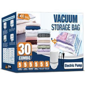HIBAG Vacuum Storage Bags with Electric Pump, Vacuum Seal Bags for Clothing, Pillows, Blanket Bedding Comforters, 30 pack, 30-COMBO