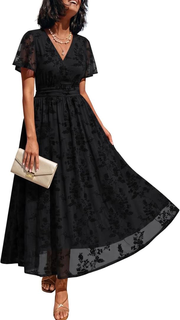 LILLUSORY Womens Summer Floral Maxi Dress Short Sleeve V Neck Wedding Guest Long Dresses with Pockets (Small, Black)