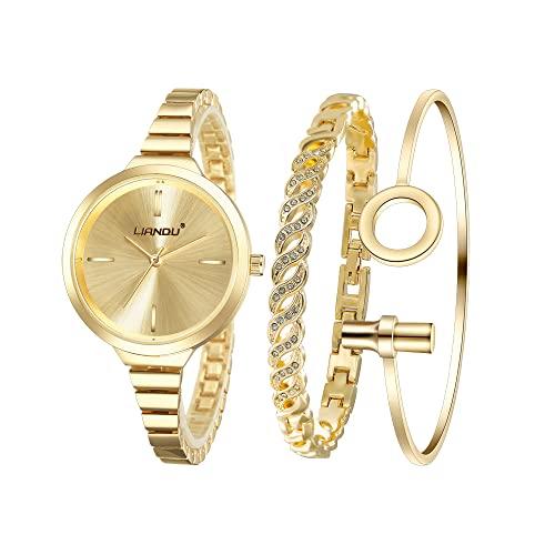 Weicam Women's Watch Elegant Crystal Cuff Bangle Bracelet Watch Sets Analog Quartz Wrist Watches (Gold)