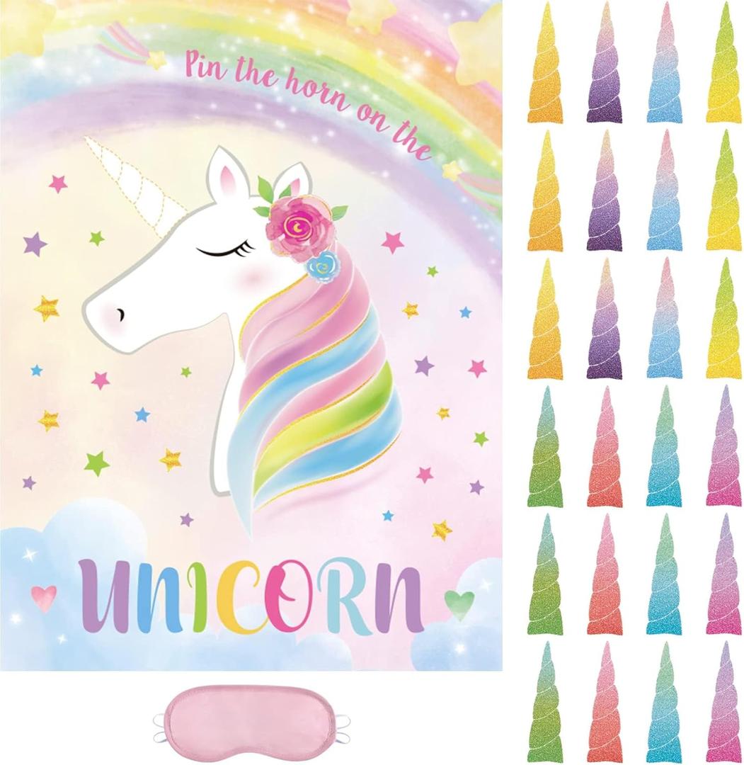 WERNNSAI Pin The Horn On The Unicorn - Unicorn Birthday Decorations 21'' X 28'' Birthday Party Game with 24 Pcs Horns Stickers for Kids School Classroom Activities