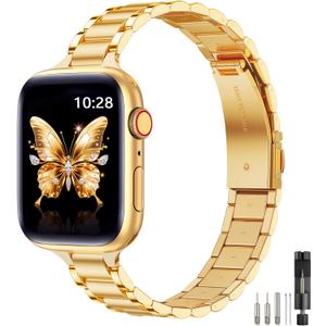 WFEAGL Thin Metal Bands Compatible with Apple Watch Band 42mm (Series 11 10) 41mm 40mm 38mm for Women, Slim Stainless Steel Wristbands for iWatch SE Series 9 8 7 6 5 4 3 2 1 (Gold)