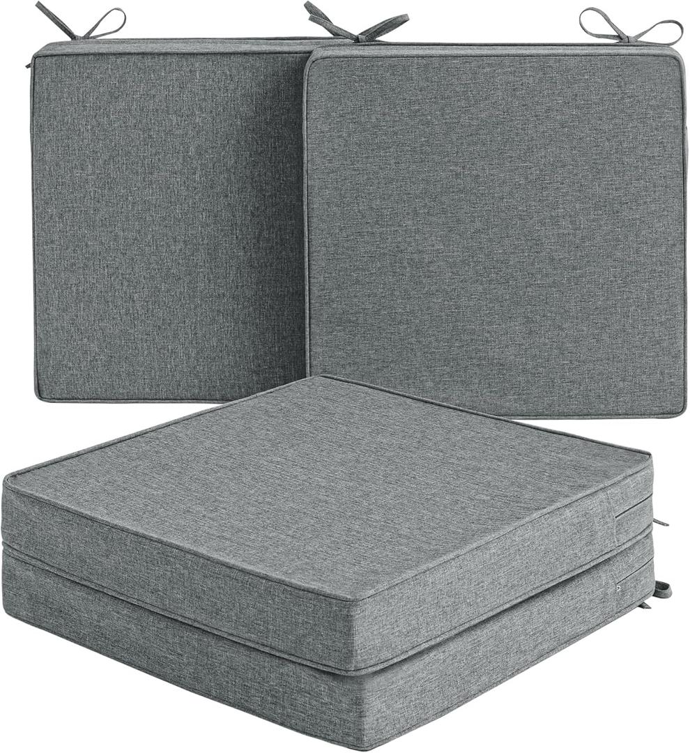 Outdoor Chair Cushions, Water-Resistant & Fade-Resistant, Patio Furniture Seat Replacement Chair Pads with Ties Zipper, Removable Cover, Non-Slip Bottom, Set of 4, 18.5 x 16 Inch, Dark Grey