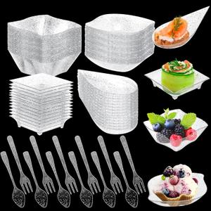 Tessco 200 Pcs Mini Appetizer Plates with Spoons Forks Disposable Mini Dessert Plates Plastic Appetizer Bowls Tiny Individual Serving Trays for Party(Silver Glitter,Classic)
