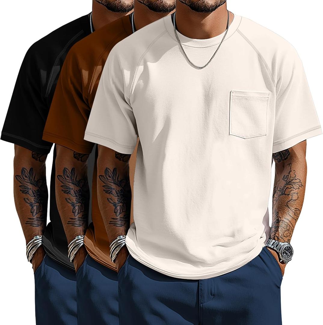 Neer 3 Pack Big and Tall Shirts for Men with Pocket Plus Size Crew Neck Raglan Short Sleeve Summer Casual T Shirts Tee (Cream White, Brown, Black,5X-Large)