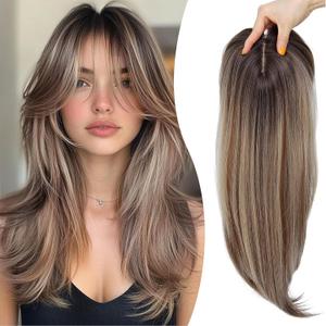 Synthetic Hair Topper with Bangs 18 Inch Layered Toppers for Women with Thinning Hair 5.5" x 5" hand Tied Forehead Hairline 360 3D Cover Wispy Synthetic Toppers Hair for Women Fiber Wiglets (Higlight Brown)