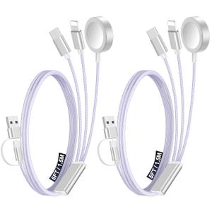 2Pack Multi Charging Cable Cord for Travel Essentials,Apple Watch Charger,iPhone Charger,[3-in-2] Type C/Lightning Cable Portable Designed for iWatch,iPhone 17-8,Galaxy S25-21,AirPods,iPad-1.5M Purple