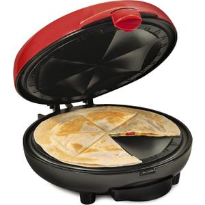 Taco Tuesday Deluxe 8-Inch 6-Wedge Electric Quesadilla Maker with Extra Stuffing Latch, Red