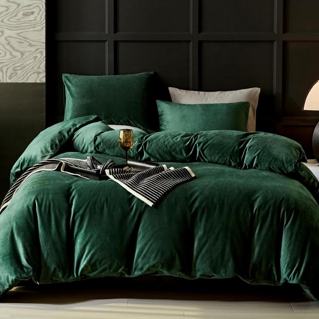 WARMDERN Emerald Green Flannel Velvet Duvet Cover King Size Duvet Cover Bedding Sets, 3pcs Ultra Soft Luxury Textured Modern Crystal Velvet Duvet Covers with Zipper Closure(Emerald Green, King)