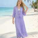 Womens 2 Piece Skirt Sets Summer Tie Front Chiffon Blouse Elastic Waist Maxi Dress Sets Vacation Outfit with Pockets (Purple, L)