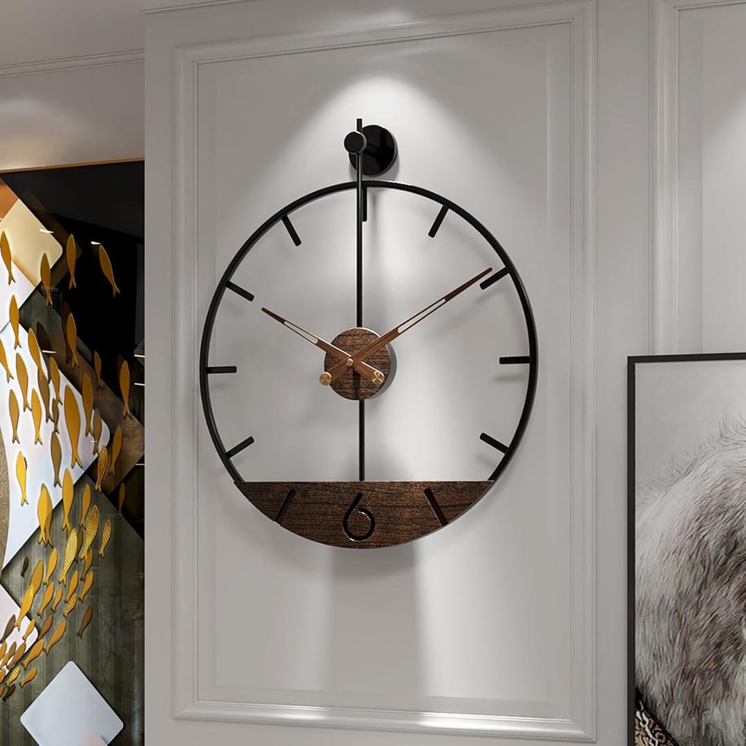 Modern Wood Walnut Dial Wall Clock, Large Simple Wall Decor Metal Frame Silent Non Ticking Clock for Living Room Decor, Kitchen, Bedroom, Study Decoration, Handmade Home Gift Idea, 15.8 in (1.Medium 18.5In(47cm))