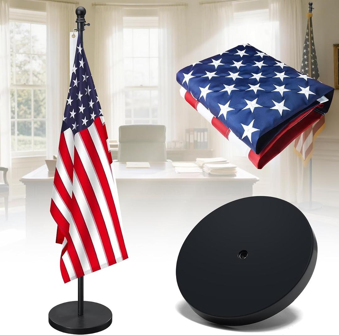 American Flag with Pole and Stand - Heavy Duty 1" Free Standing Indoor Flagpole Set with 3x5ft Embroidered US Flags,Weighted Base, 6-8 FT Adjustable Portable For Office, Church,School (Black)