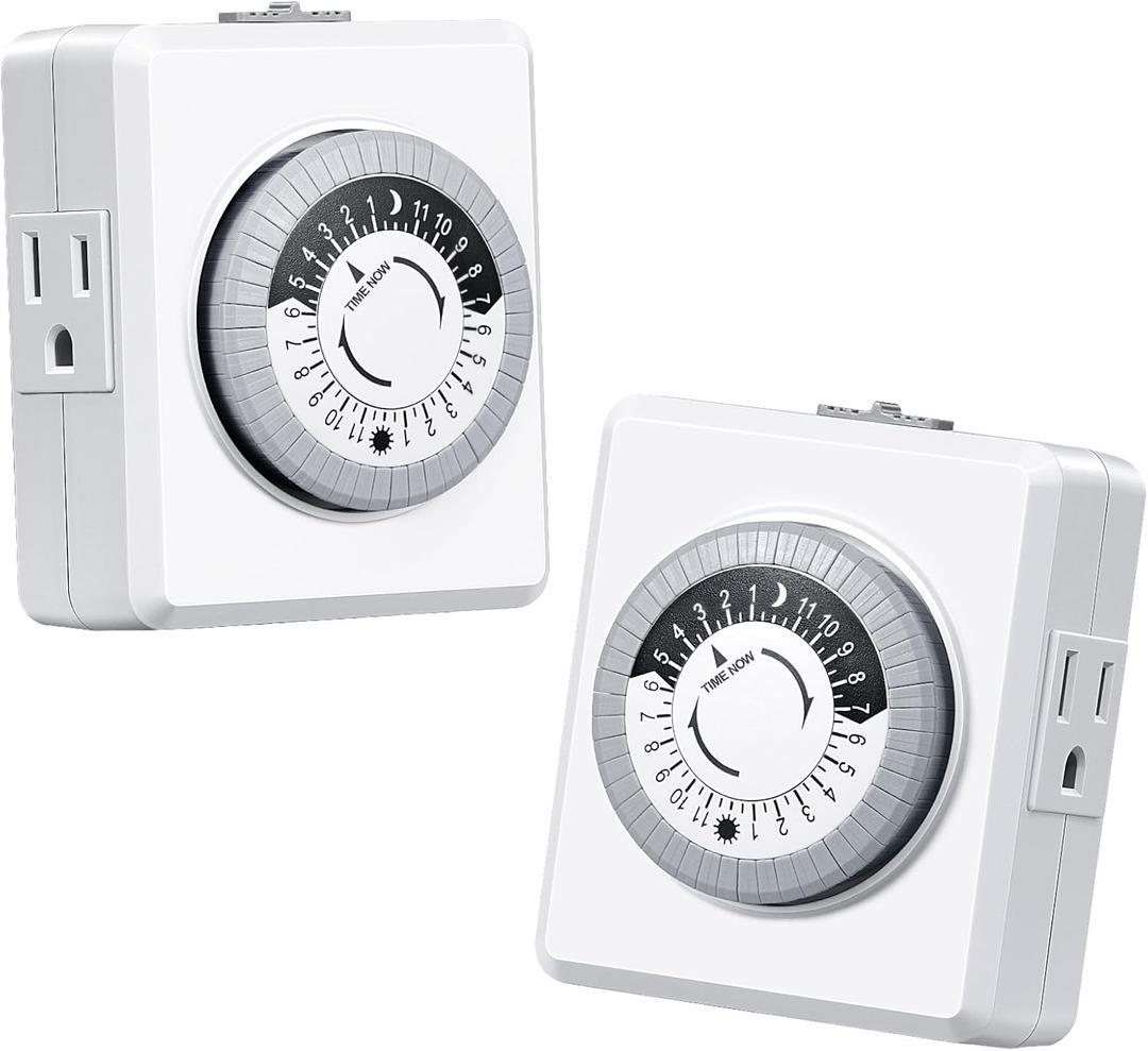 DEWENWILS 24 Hour Cycle Plug-in Mechanical Timer 2 Pack, Indoor Timer for Electrical Outlets, 30-Minute Intervals, Dual 3 Prong Outlets, 125V 15A for Christmas Lights, Room Lights, ETL Listed