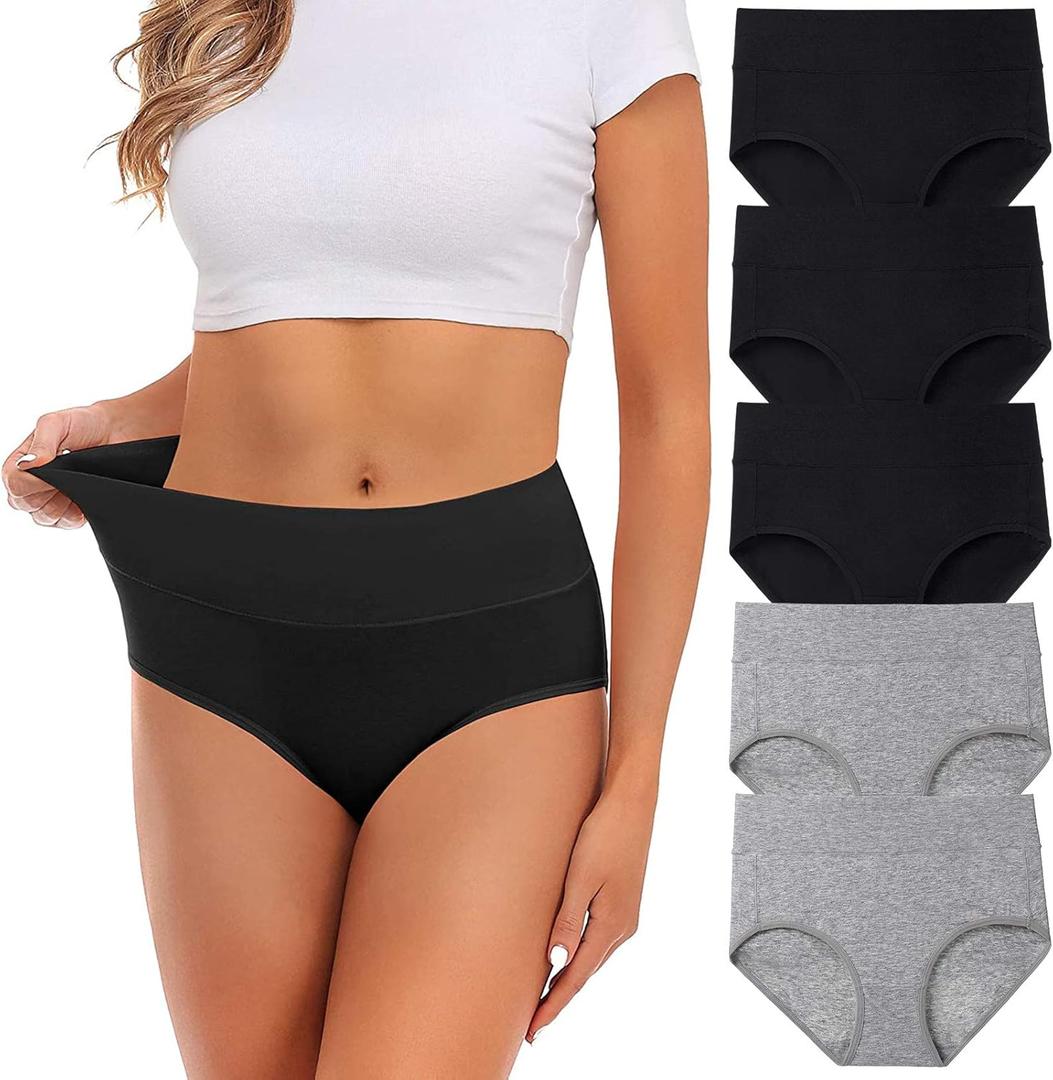 Womens Underwear,Cotton Mid Waist No Muffin Top Full Coverage Brief Ladies Panties Lingerie Undergarments for Women Multipack (Medium, Grey+black=total 5 Pack)