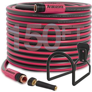 150FT 5/8 Inch Hybrid Garden Hose - 600 PSI, Kink Resistant, Freeze Resistant - with Solid Brass Twist Hose Nozzle & Metal Holder for Large Yard