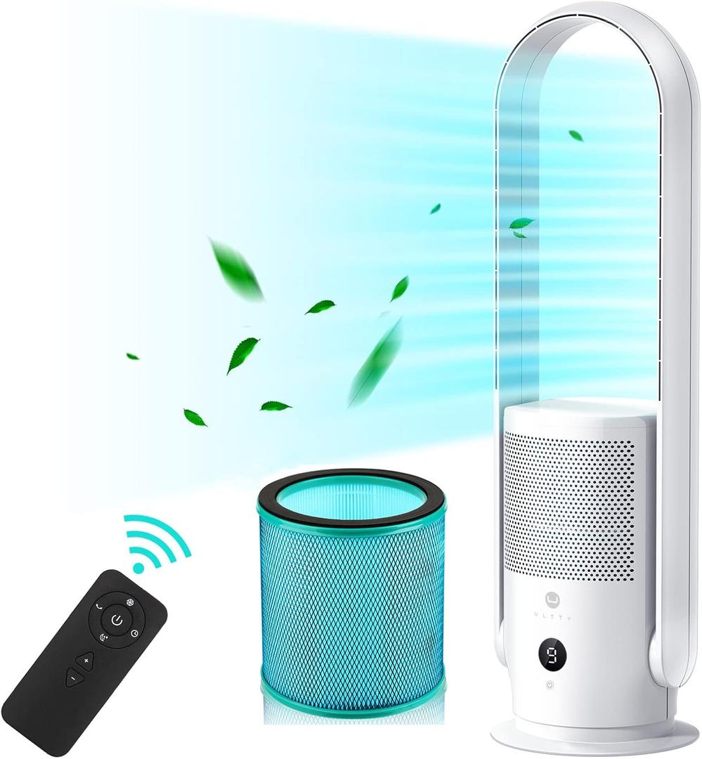 U ULTTY Bladeless Tower Fan and Air Purifier in one, True HEPA Filter 99.97% Smoke Dust Pollen Dander, Oscillating Tower Fan with Remote Control CR022D, White (Large)