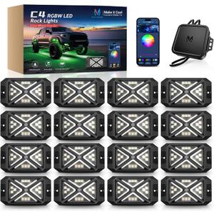 MICTUNING C4 RGBW Rock Lights 16 Pods 360° 4-Sided Wide Beam Underglow Kit | Music Microphone Sync with APP Control, IP68 Waterproof Ultra-Bright Offroad Neon Lights for Jeep Truck UTV ATV
