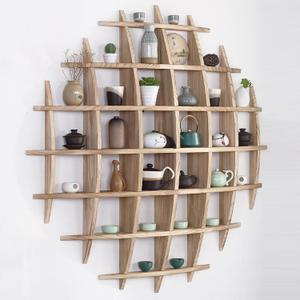 Solid Wood Chinese Tea Cup Holder, Wall Mounted Teapot Display Stand, Wall Decoration Teaware Shelf Storage Rack for Living Room Kitchen Office Commercial (Carbonization Color, 39x39'')