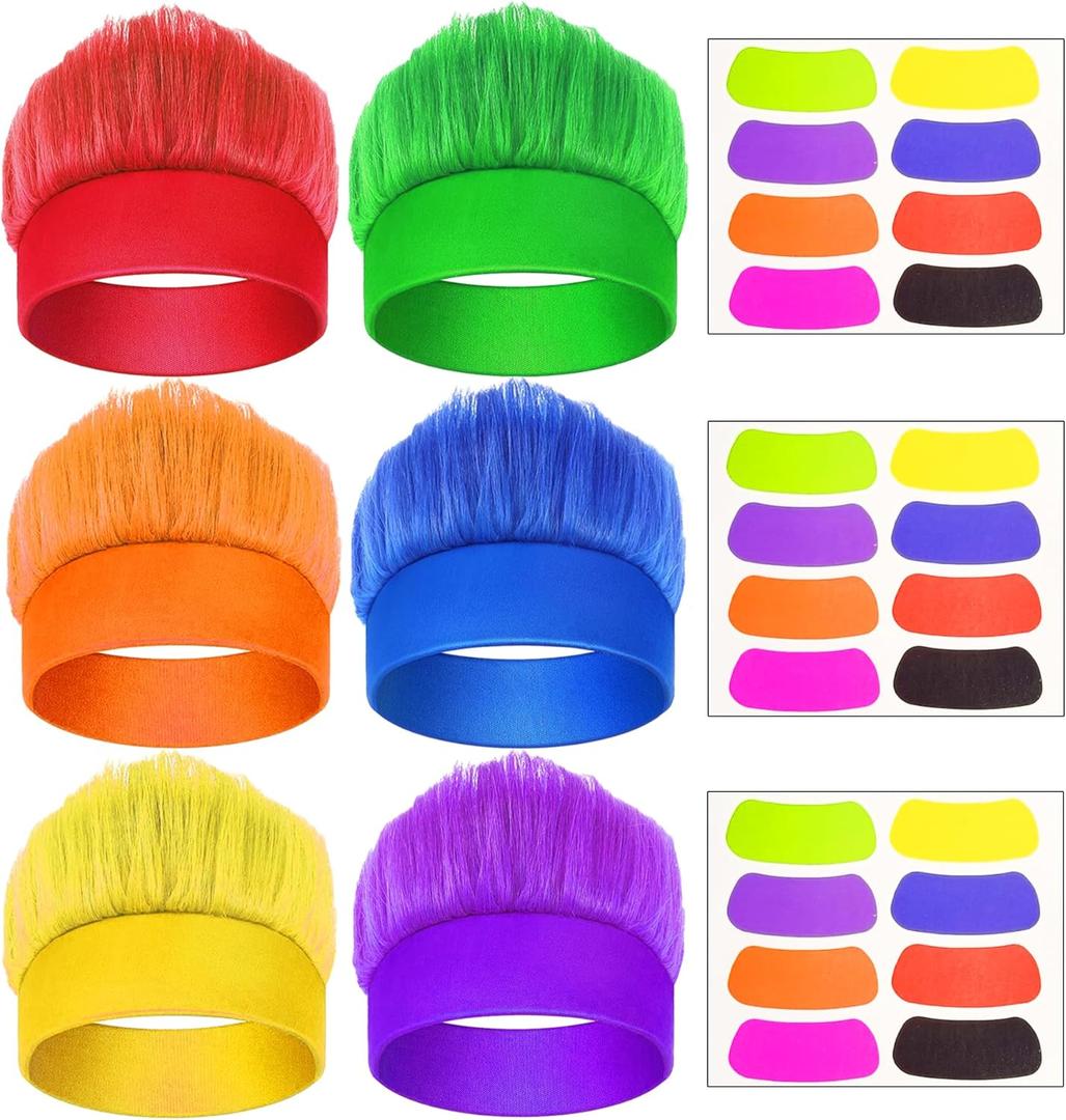 6Pcs Hairy Headbands Trolls Flowy Crazy Hair & Stickers - Spirit Week Accessory Sports Cheering Headwear Costume Props (Mixed Colors)