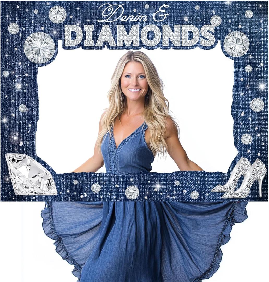 Denim and Diamond Party Decoration Photo Booth, Denim and Diamond Photo Booth Prop Frame Navy Blue Silver Crystal Shoes Modern Luxury Sparkle Shining Decor for Women Bachelorette Birthday Party