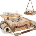 Multifunctional Wicker Picnic Basket Set for 2 with Blanket and Picnic Table, Insulated Picnic Set with Full Tablewares for Camping Outdoor Couples,Natural