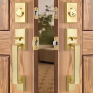 Brushed Gold Double Front Door Lock Set, Keyed Entry Front Door Handleset with Dummy, Square Heavy Duty Door Lever and Single Cylinder Deadbolt Combo, Satin Brass