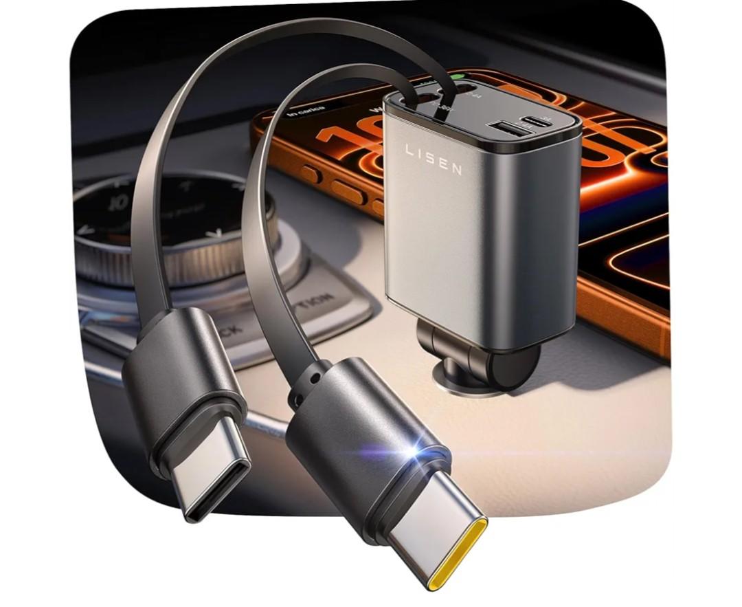 LISEN Retractable Car Charger USB C [Upgraded Dual Type C] 75W Fast 4 in 1 Car Charger for iPhone 17, Road Trip Essentials Gifts for Men Women, Car Accessories for Galaxy S26 Phone 17e 16 15 Pro Max