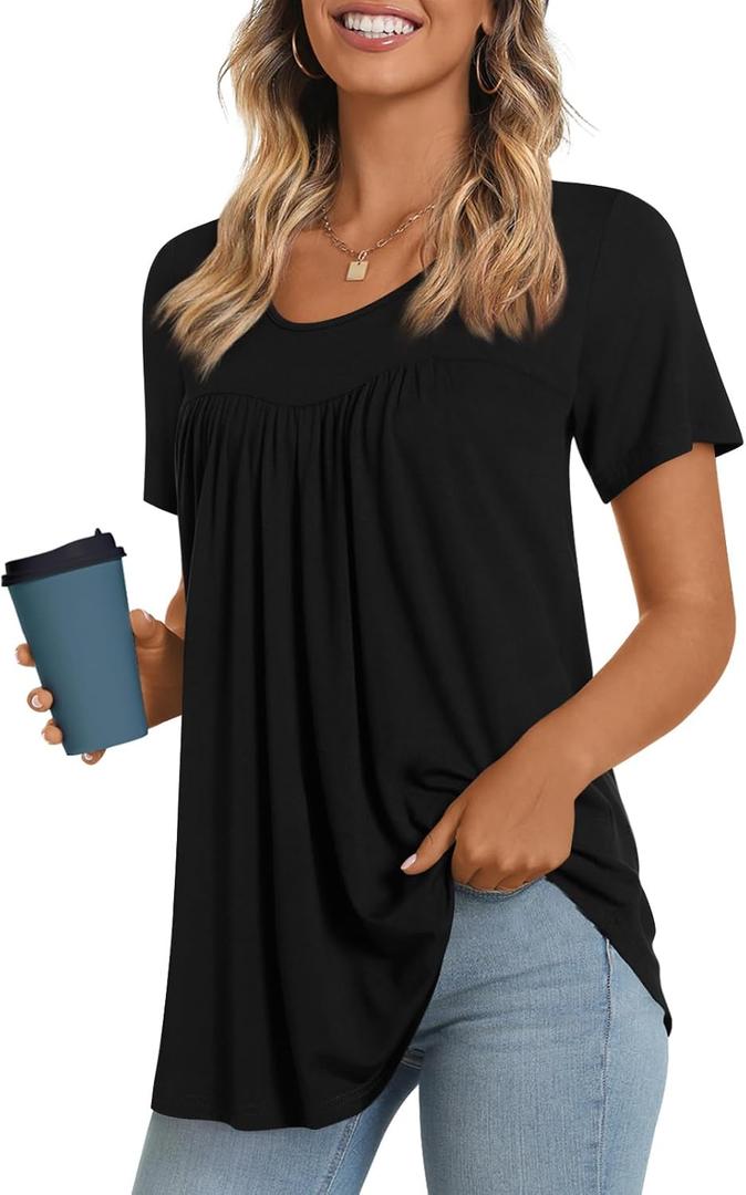 LONGYUAN Womens Tunic Tops 2025 Short Sleeve Shirts Summer Casual Tee Comfy Blouses S-4XL (XX-Large, Black-1)