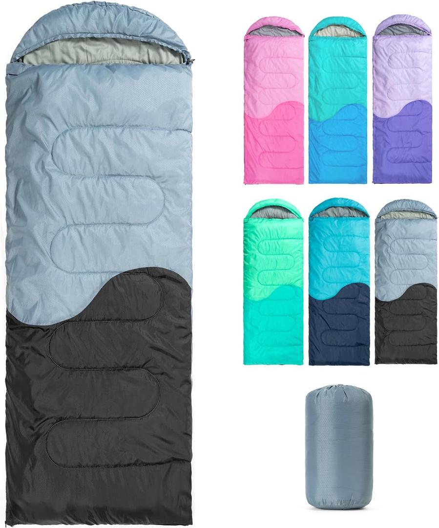 Sleeping Bag - 3 Seasons for Adults Kids Boys Girls Camping Hiking - Warm Cold Weather Lightweight Portable with Compression Bag for Backpacking in Spring, Summer, Fall and Winter (Single, 3 lbs-Black Grey)