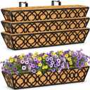 Y&M 4Pcs 30'' Railing Planter Box Set with Coconut Coir Liner, Flower Boxes with Adjustable Brackets, Large Metal Hanging Window Boxes for Fence, Deck, Balcony, and Outdoor Garden