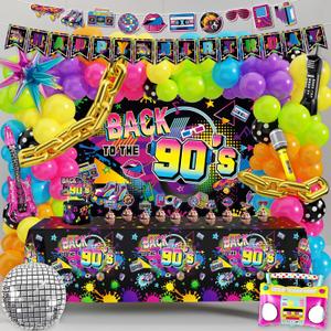 90s Party Decorations 80s Disco Theme Birthday Party Supplies with Back to the 90's Backdrop Tablecloth Happy Birthday Banner 90s Balloon Arch Kit and Cake Toppers