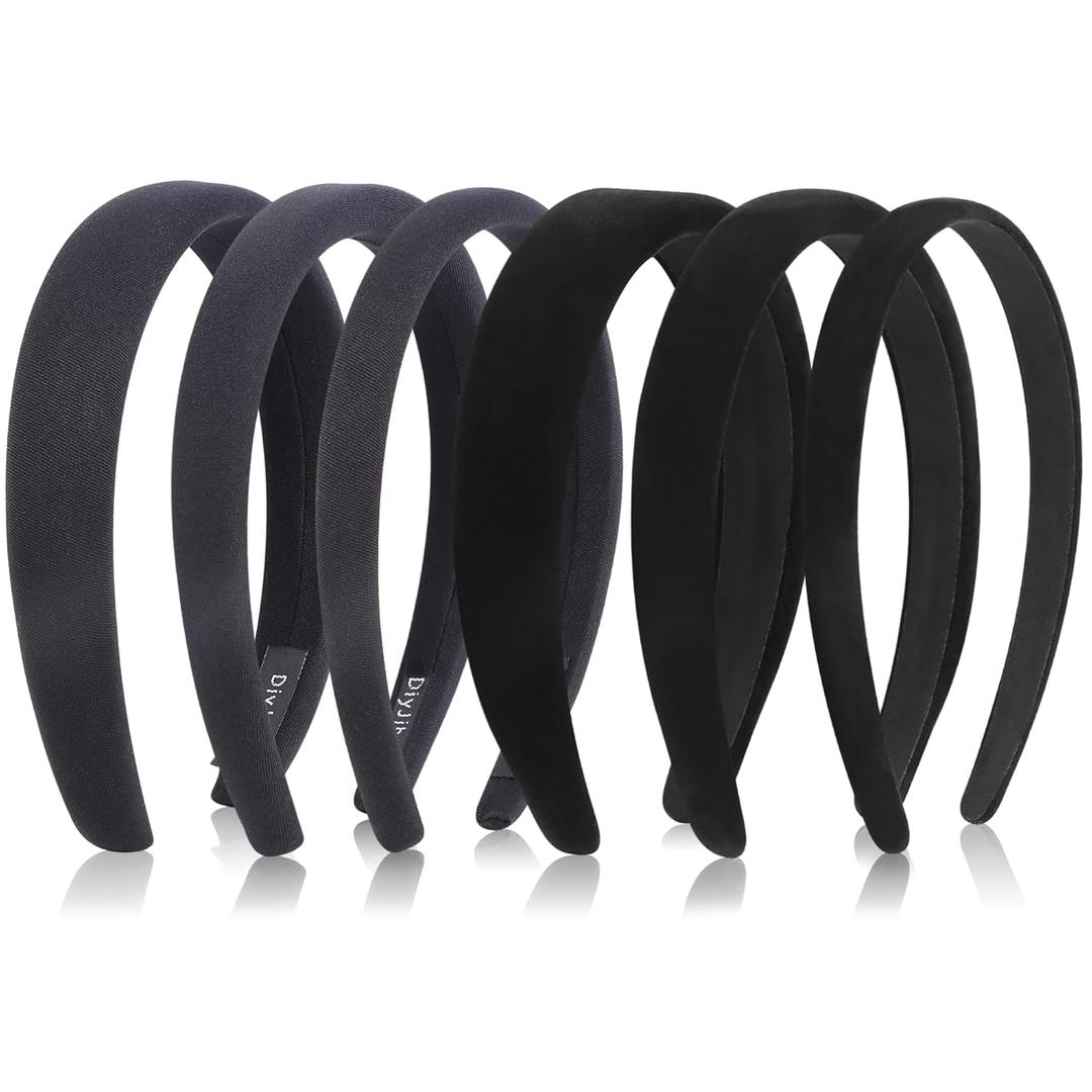 DiyJibb Velvet Headbands for Women and Teens, 6PCS Non-Slip Padded Hairbands with 3 Width Options (0.6", 0.8", 1.2"), Soft Comfortable Hair Accessories for Daily Wear, Makeup, Sports, and Gifts (Black)