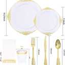 Nervure 175PCS White and Gold Plastic Plates - Disposable Dinnerware Set Include 50 Gold Plates for Dinner and Dessert, 75 Cutlery, 25Cups 25Napkins for Wedding & Party & Mothers Day